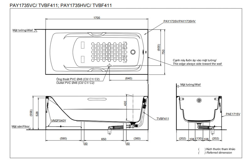 Bản vẽ kỹ thuật của bồn tắm PAY1735VC chi tiết | cách lắp đặt bồn tắm